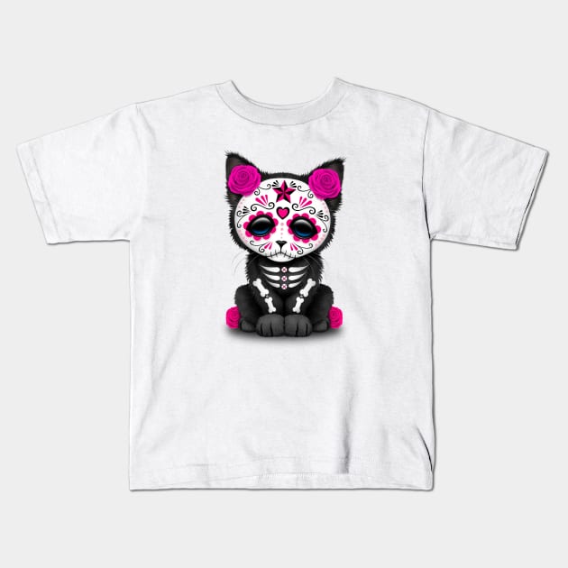 Cute Pink Day of the Dead Kitten Cat Kids T-Shirt by jeffbartels